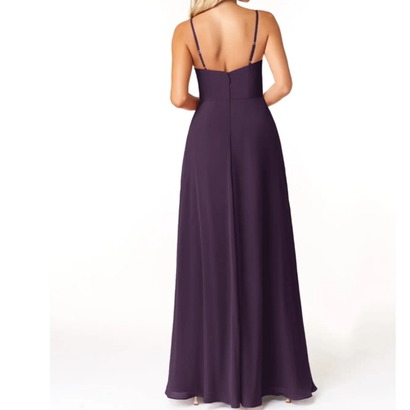 Azazie plum Moira a line scoop chiffon floor length bridesmaids dress side slit - Picture 2 of 16